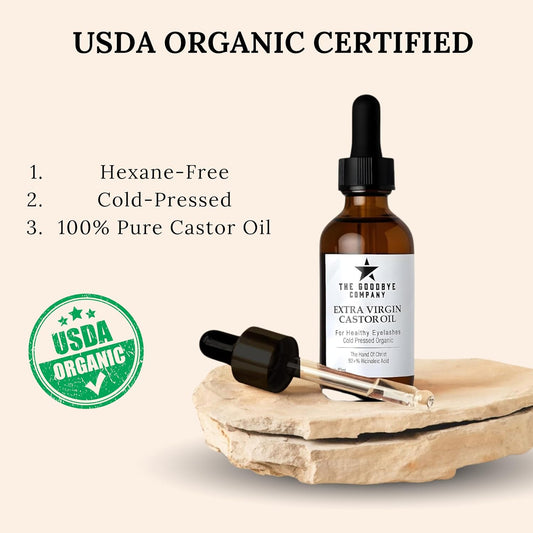 The Goodbye Company USDA Organic Castor Oil for Eyelashes and Eyebrows Growth, 100% Pure Cold-Pressed, Hexane-Free 60ml with Applicator, Handcrafted in Florida for Hair, Skin & Lashes