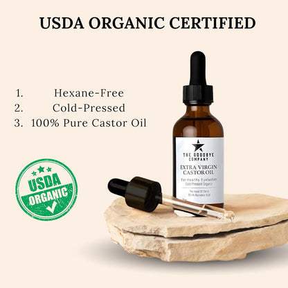 The Goodbye Company USDA Organic Castor Oil for Eyelashes and Eyebrows Growth, 100% Pure Cold-Pressed, Hexane-Free 60ml with Applicator, Handcrafted in Florida for Hair, Skin & Lashes