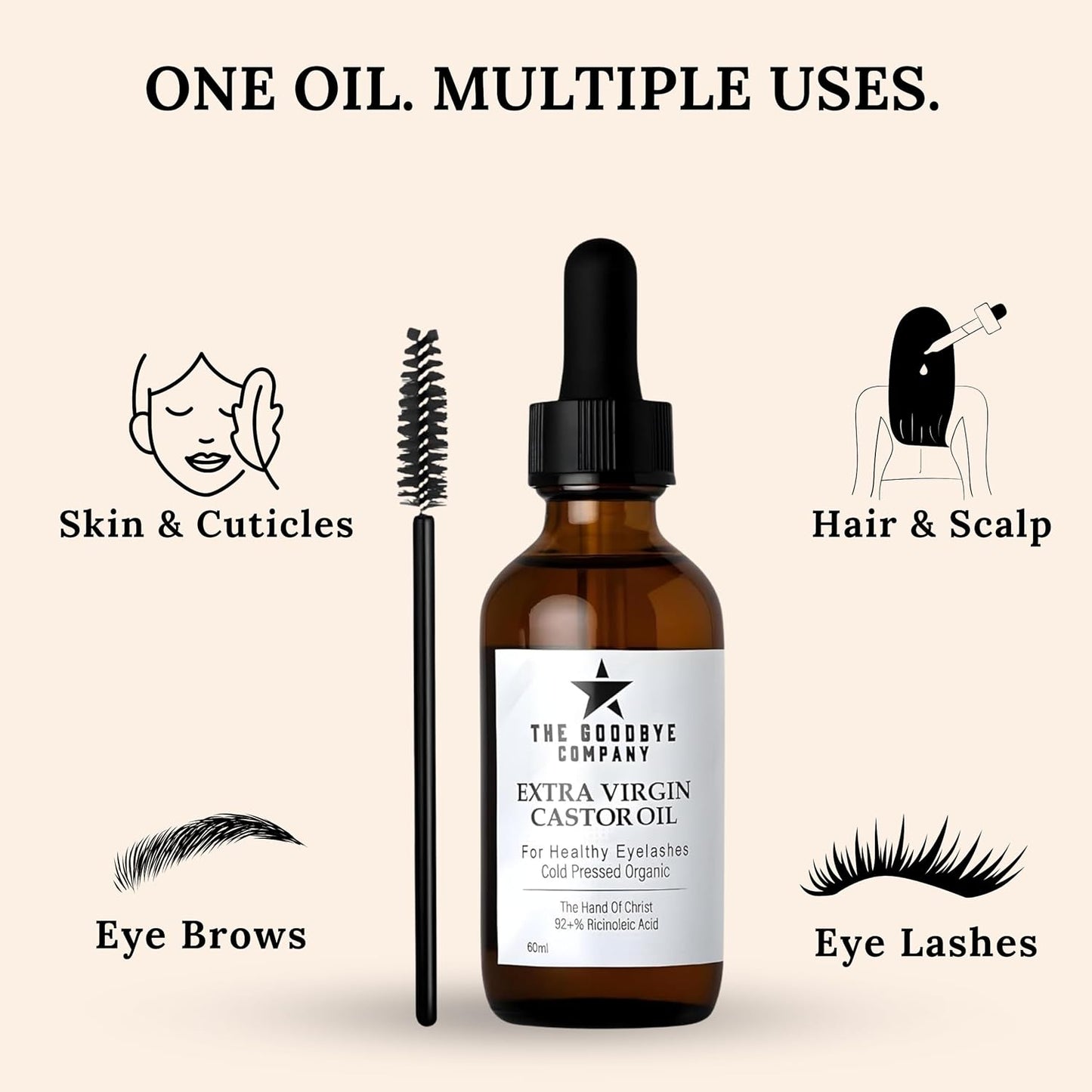 The Goodbye Company USDA Organic Castor Oil for Eyelashes and Eyebrows Growth, 100% Pure Cold-Pressed, Hexane-Free 60ml with Applicator, Handcrafted in Florida for Hair, Skin & Lashes