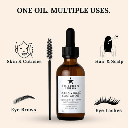 The Goodbye Company USDA Organic Castor Oil for Eyelashes and Eyebrows Growth, 100% Pure Cold-Pressed, Hexane-Free 60ml with Applicator, Handcrafted in Florida for Hair, Skin & Lashes