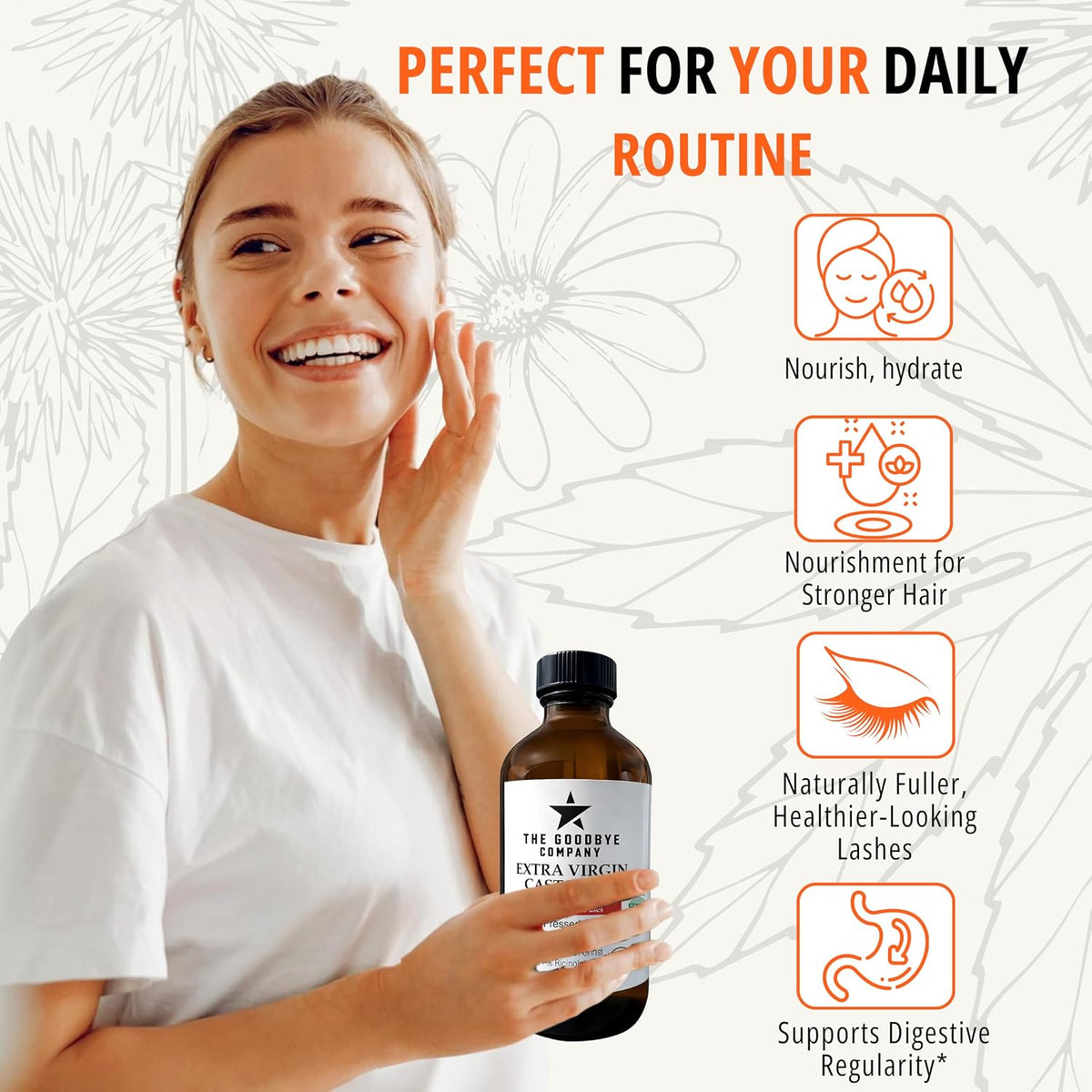 The Goodbye Company Extra Virgin Castor Oil 250ml, USDA Organic, Cold Pressed, Food Grade, Hexane-Free, Supports Digestive Wellness, Hair Growth, Eyelashes, Brows And Skin